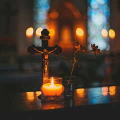 A candle is lit next to a cross and a flower. The scene is set in a church