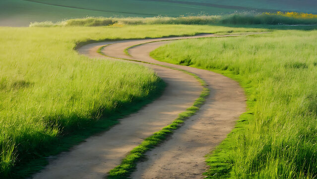Scenic winding path through a field of green grass in the morning