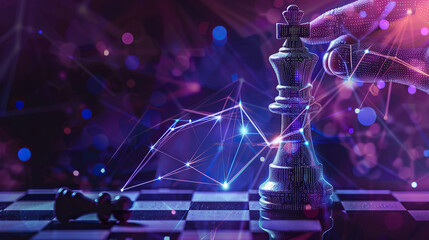 A hand is holding a chess piece on a chess board. The background is a colorful, abstract design