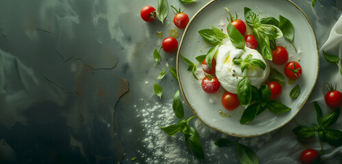 A burrata, a soft, fresh Italian cheese, in a plate with tomatoes, basil and olive oil - obrazy, fototapety, plakaty