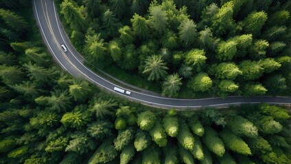 Aerial snapshot capturing the graceful twists of a roadway nestled in a verdant forest after a rainfall Generative AI