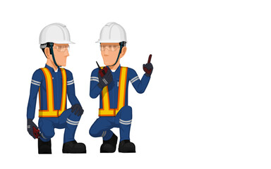 Two workers are discussing on white background