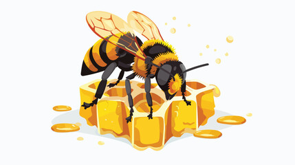 Sweet honeycomb and wasp stinging flat vector - obrazy, fototapety, plakaty