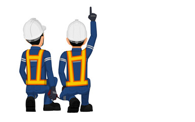 Two workers are considering something on the ceiling