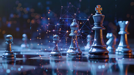 A chess board with a silver king and a silver pawn. The chess pieces are surrounded by a network of lines, giving the impression of a futuristic or technological setting - obrazy, fototapety, plakaty
