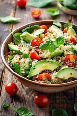 Quinoa salad with tomatoes and avocado in a bowl. Generated AI.