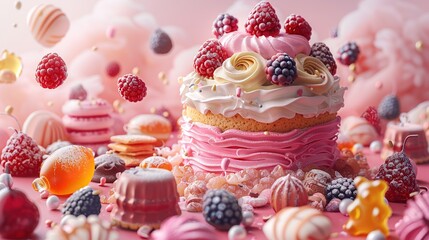 Elaborate cupcake with icing and berries surrounded by sweets. Generated AI. - 766915192