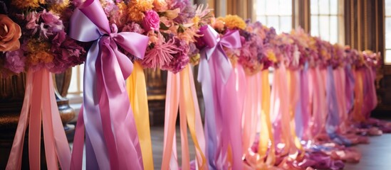 A row of colorful flowers, including purple, pink, and magenta blooms, adorned with ribbons,...