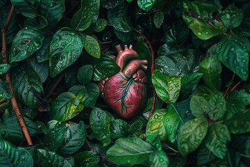 Anatomical heart model nestled among wet green leaves, Generated AI.