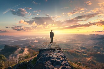 Person standing at the end of a pathway on a cliff at sunrise, Generated AI. - obrazy, fototapety, plakaty