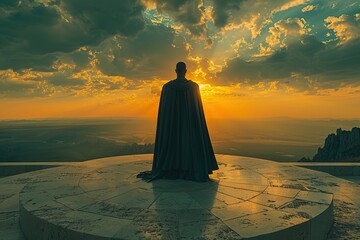 Figure in a cloak overlooking a sunset from a high vantage point, Generated AI. - 766915553