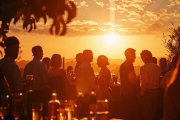 A group of individuals standing shoulder to shoulder in a social gathering at sunset, interacting with each other