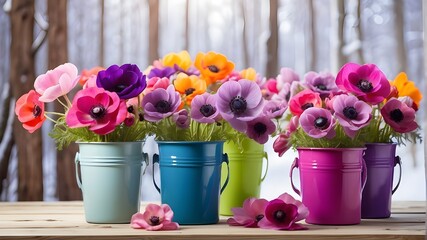 Fresh anemone blossoms in springtime displayed in colorful vases in buckets with smale on a white wooden table with a backdrop of a spring forest in the great outdoors - obrazy, fototapety, plakaty
