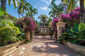 A Mediterranean-inspired gate flanked by towering palms and vibrant bougainvillea.