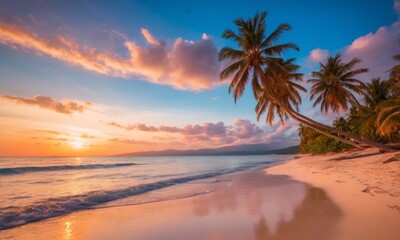 Fototapeta na wymiar A serene sunset casts a warm glow over a tropical beach, with palm trees swaying gently in the breeze. The sky, painted in hues of orange and pink, reflects off the tranquil sea as waves softly lap