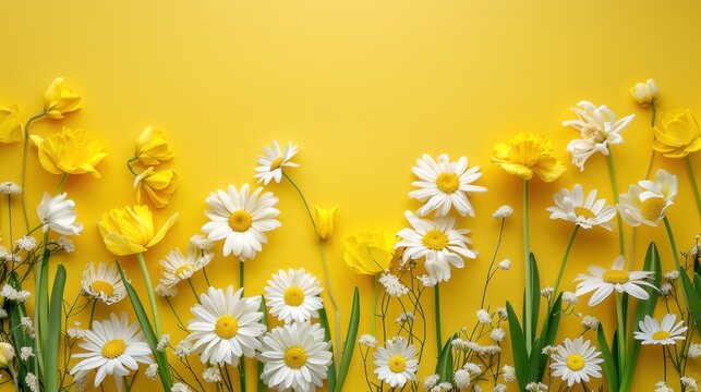 image of white chamomile flower on a yellow background, AI generative image.