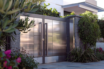 A modern industrial gate crafted from sleek stainless steel and minimalist design.