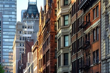 A city street flanked by tall buildings showcasing architectural diversity and urban life