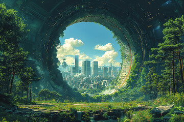 A view of a futuristic city from within a lush circular tunnel, Generated AI.. - 766916195