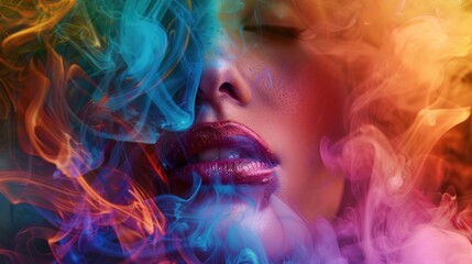 Charming Portrait of a Young Woman Surrounded by Bright Colorful Smoke.