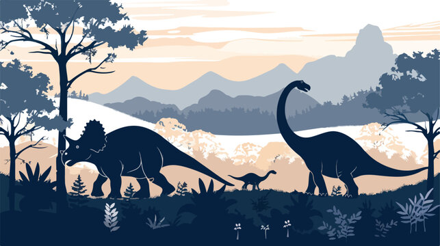 Triceratops and Brachiosaurus silhouette in the hills