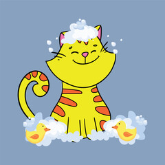 The Cute cat in a bubbles bath in a flat style. Grooming. Pet care illustration for content, label, banner, graphic and greeting card