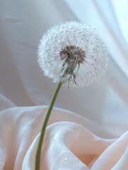 Dandelion with dew drops on a soft white fabric background, Generated AI. - 766916341