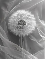 Dandelion with water droplets on translucent fabric. Generated AI. - 766916342