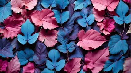 Blue leaves from nature create a creative pattern. Lay flat. Background of leaves with a pink, purple, and blue tone