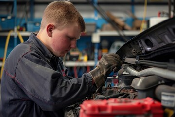 A technician is focused on removing and replacing a car battery inside a garage