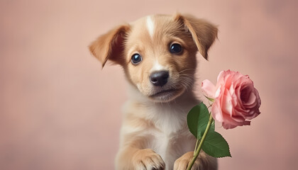 A dog is holding a rose in its mouth