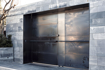 A modern industrial gate crafted from sleek stainless steel and minimalist design.