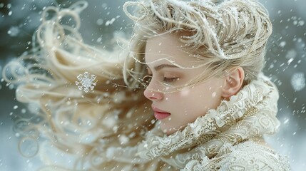 Woman with frosty hair and snowflakes, ethereal winter beauty, Generated AI. - 766916507