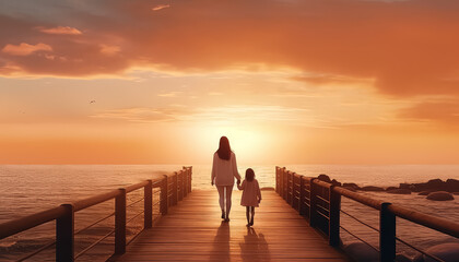 A woman and a child are walking on a pier at sunset - obrazy, fototapety, plakaty