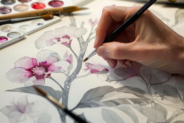 A person is meticulously painting intricate flower designs on a sheet of paper
