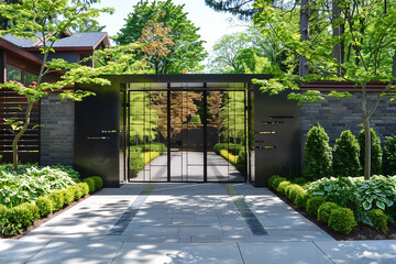 A modern minimalist gate flanked by striking architectural elements and sculptural plantings.