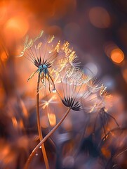 Dandelions with dewdrops at sunrise, bokeh light effect. Generated AI.