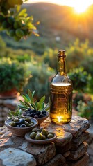 Olive oil bottle and olives with sunset in a rural setting, Generated AI. - 766916758