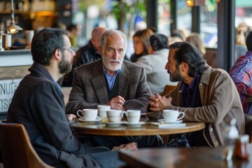 A group of men in business attire sitting around a cafe table engaged in conversation and networking
