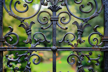 A regal wrought iron gate adorned with intricate scrollwork and ornate detailing.