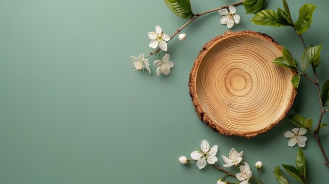 An image of a beige woodcut disk with cherry blossoms over a pale green backdrop seen from above lovely scene creation and space, Generative AI.