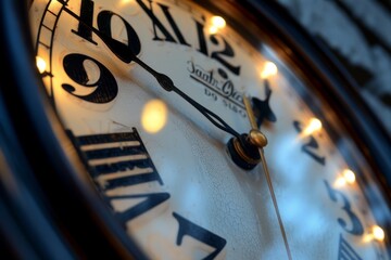 A detailed view of a clock with lights shining on its face, capturing the time display