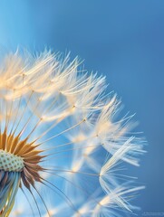 Macro photograph of dandelion seeds against a blue sky. Generated AI. - 766916931