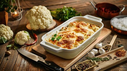 Cauliflower casserole in a dish on a wooden table. Generated AI.