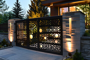 A sleek and modern gate featuring illuminated accents and geometric patterns.