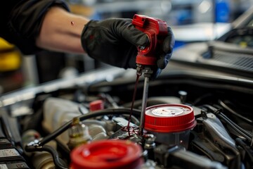 A mechanic is checking the fluid levels of a car engine, using tools and equipment to diagnose and repair any issues