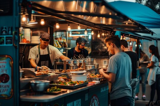 Crowd Of People Standing Around A Food Truck At A Street Food Festival, Ordering And Enjoying Various Dishes