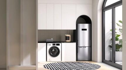 A modern and minimalist laundry room with an integrated washing machine, refrigerator, and low cabinet for hanging , arched door frame, and black accents on the white cabinets
