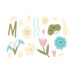 Flowers and geometric abstract elements set. Botanical various nature spring shape. Modern abstract floral and leaves shapes. Vector illustration for summer doodle design.