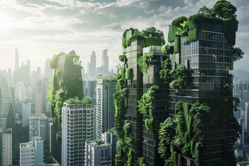 Futuristic greenery-covered buildings amidst a cityscape. Urban planning, architectural design, sustainability initiatives. AI Generated. - obrazy, fototapety, plakaty